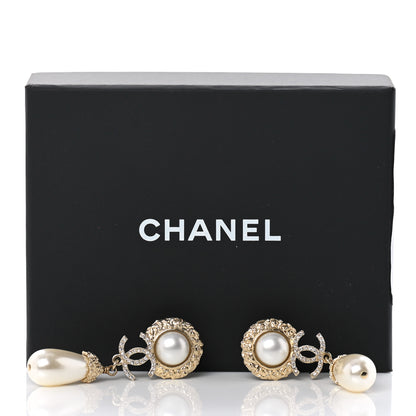 Chanel Metal Pearl Crystal Textured Teardrop CC Drop Earrings Gold 5 of 5