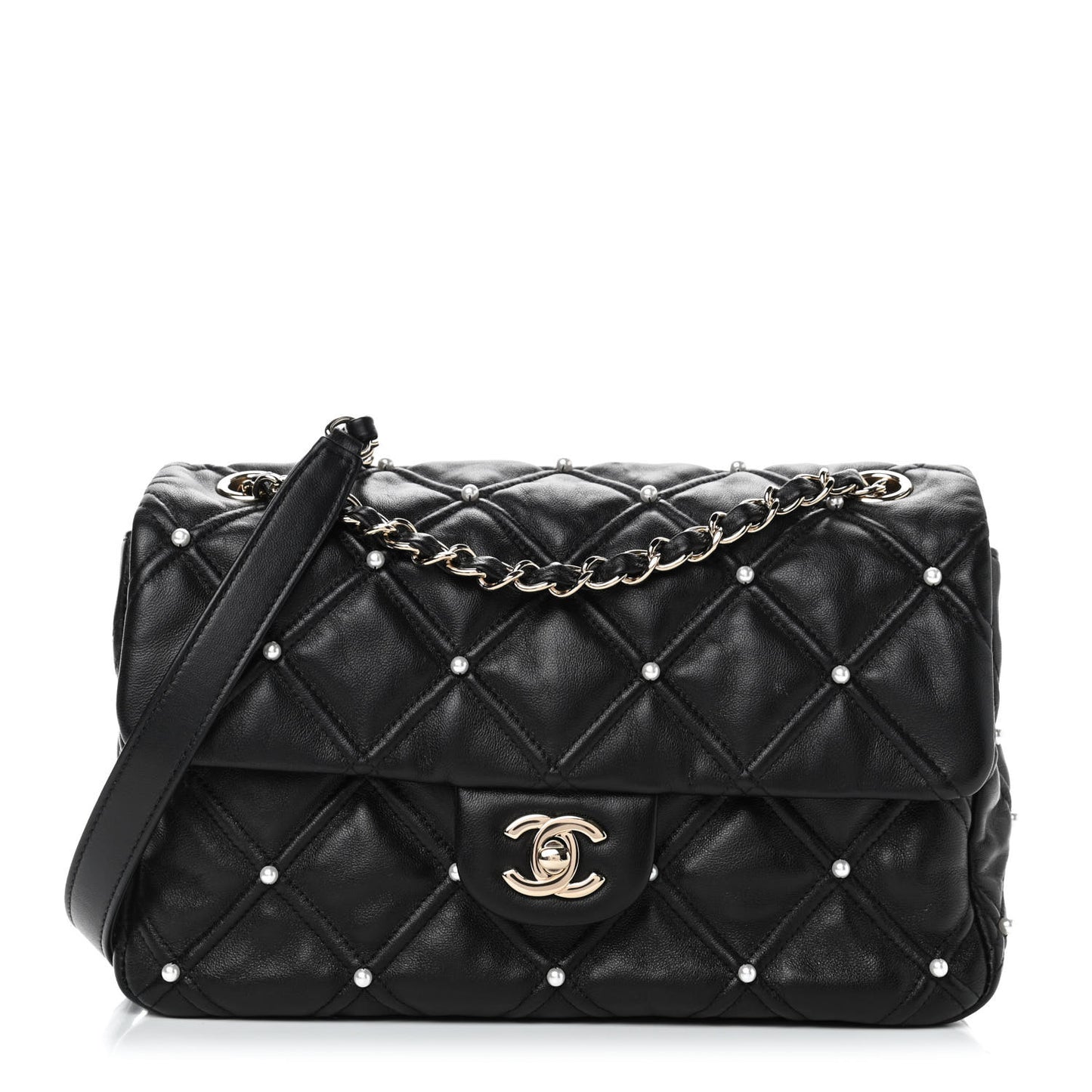 Lambskin Quilted Pearl Studded Flap Black