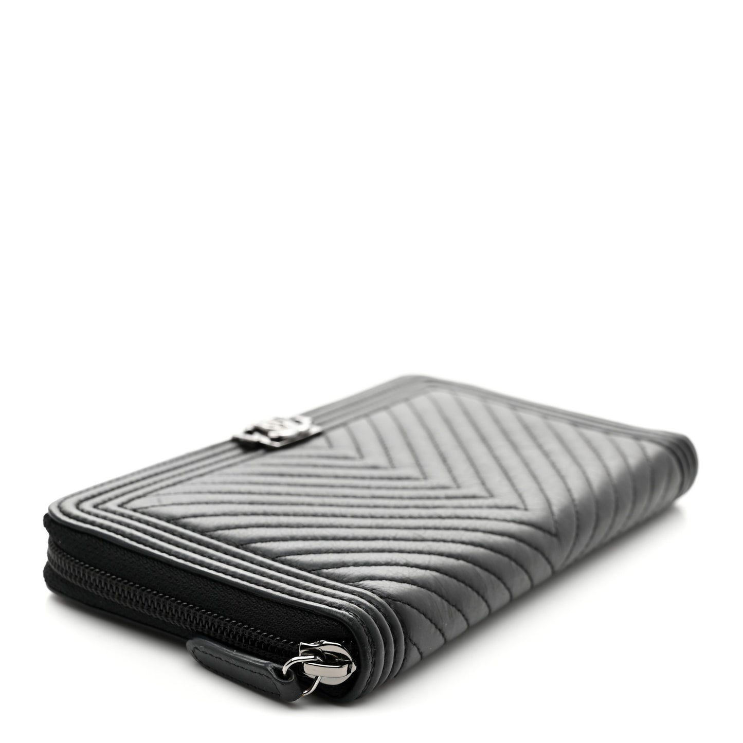 Calfskin Chevron Quilted Zip Around Boy Wallet So Black