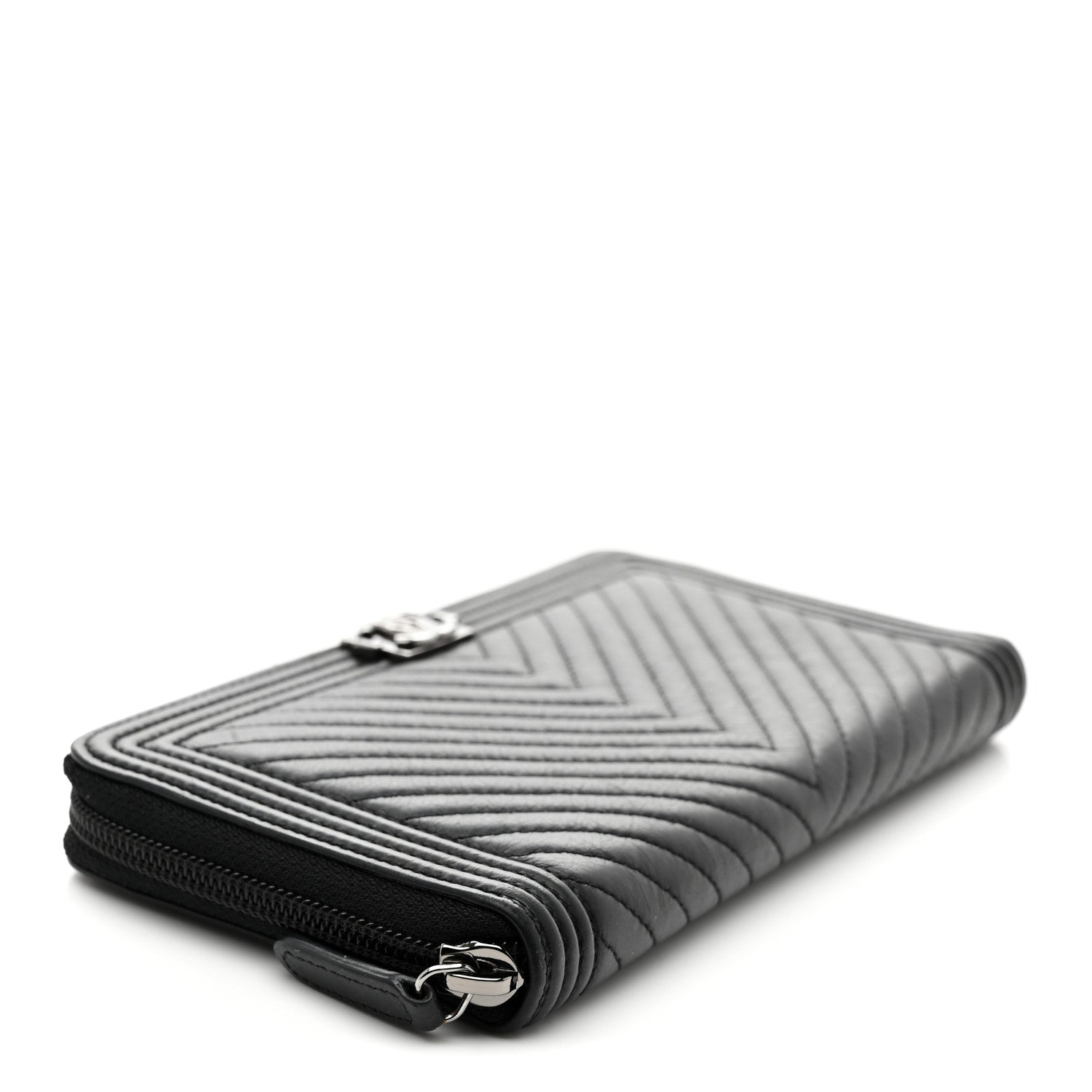 Chanel Calfskin Chevron Quilted Zip Around Boy Wallet So Black 4 of 8