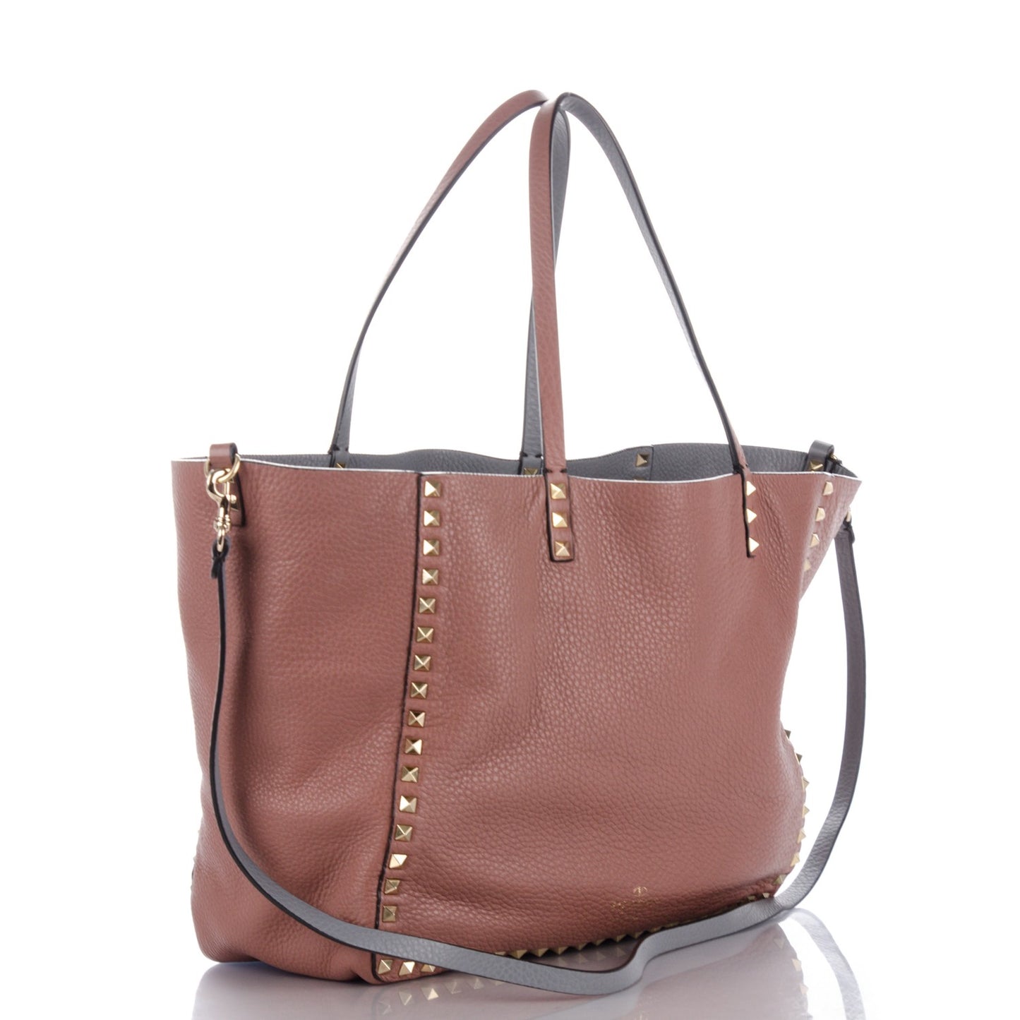 Grained Calfskin Medium Rockstud Reversible Tote Dark Rose Grey