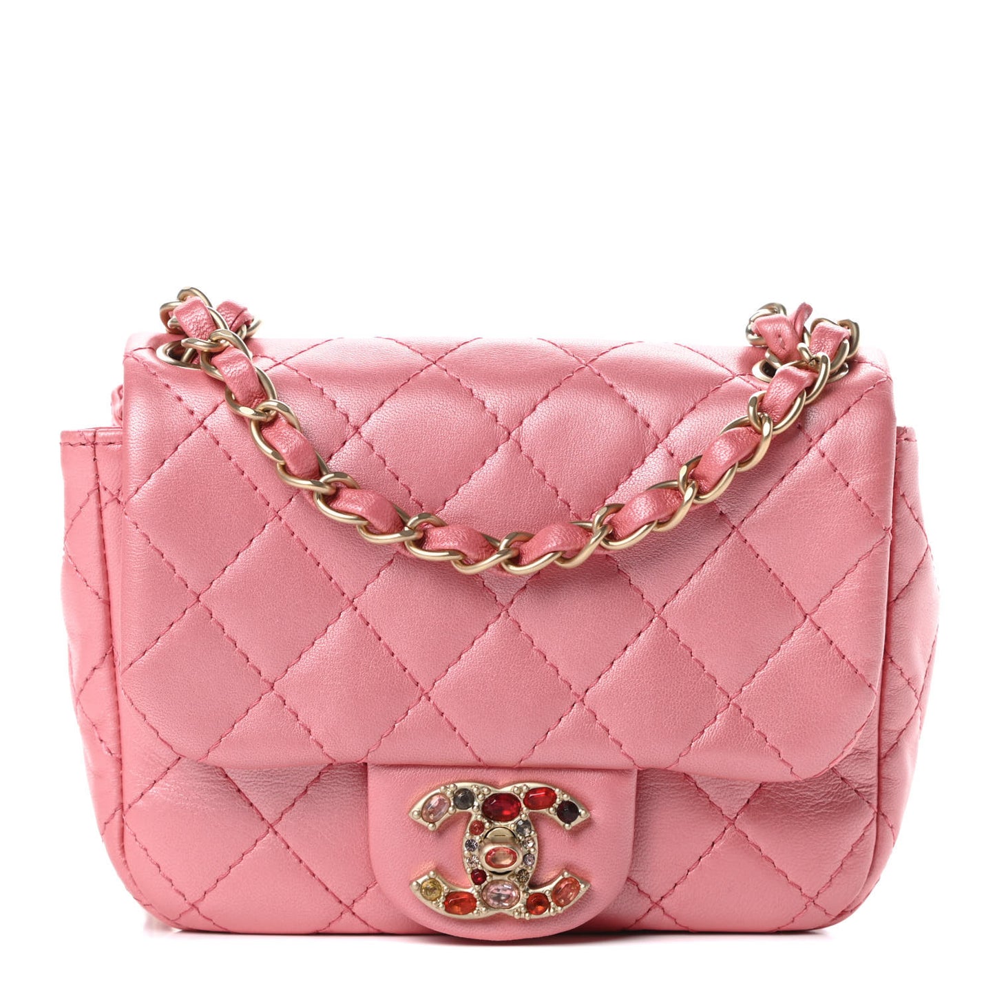 Iridescent Lambskin Quilted Precious Jewel Mini Square Flap Pink