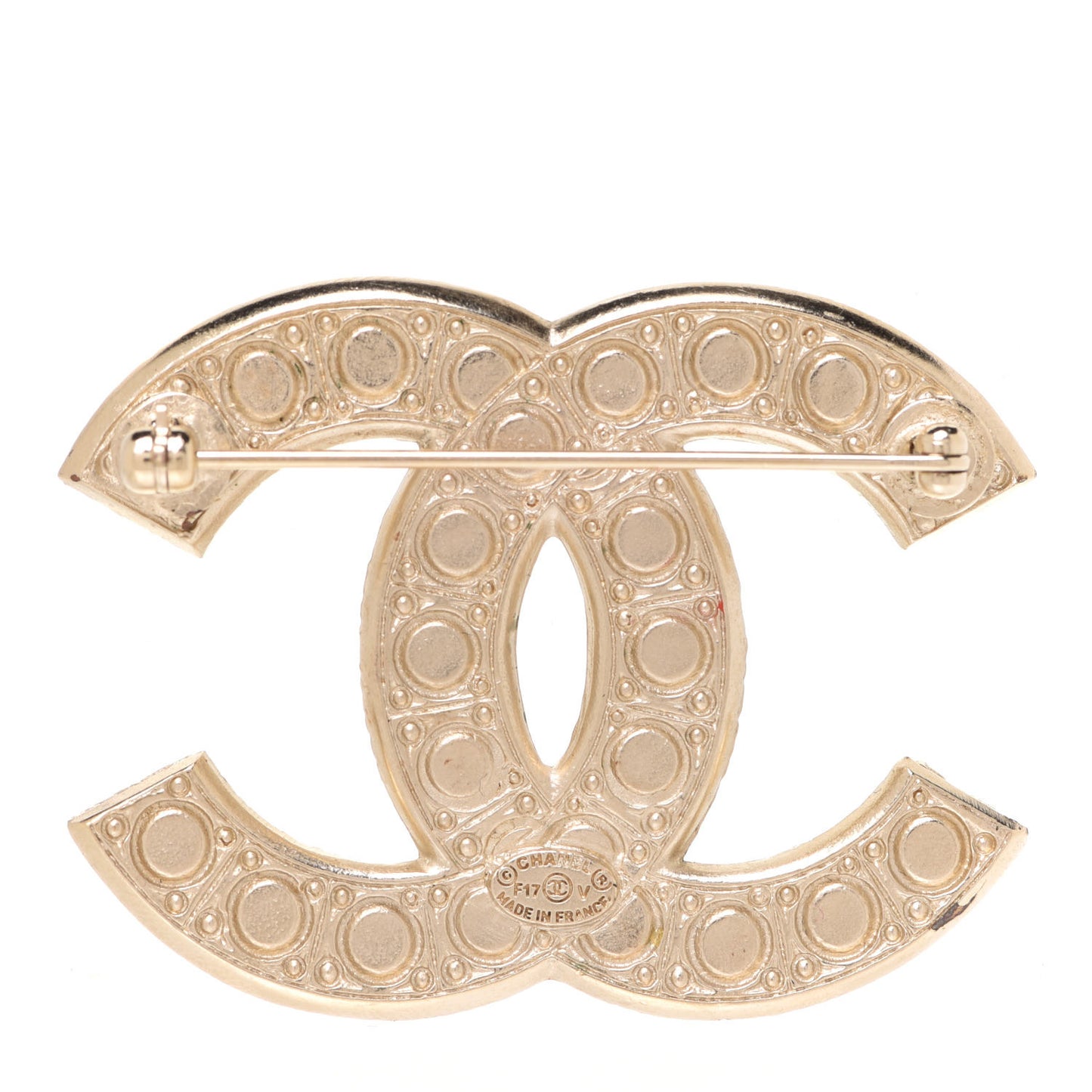 Metal Crystal Graduated Pearl CC Brooch Gold