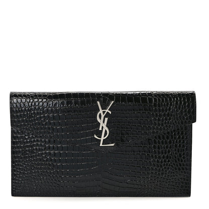 Saint Laurent Calfskin Crocodile Embossed Uptown Monogram Pouch Black 1 of 8