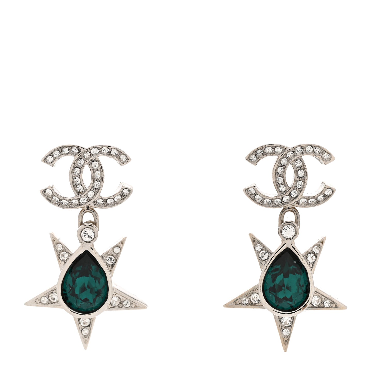 Crystal CC Star Drop Earrings Silver Green