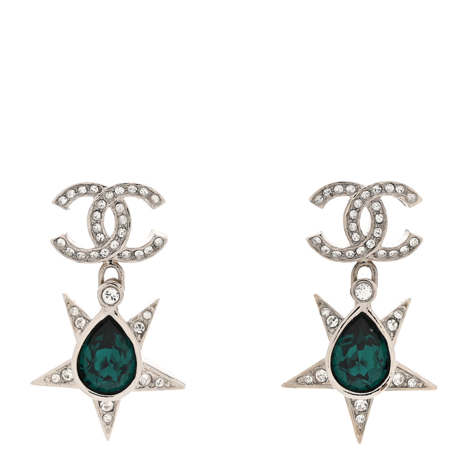 Chanel Crystal CC Star Drop Earrings Silver Green 1 of 5