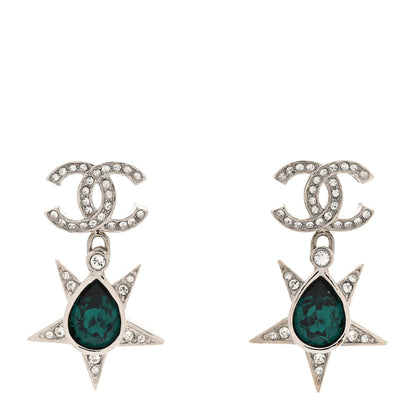 Chanel Crystal CC Star Drop Earrings Silver Green 1 of 5