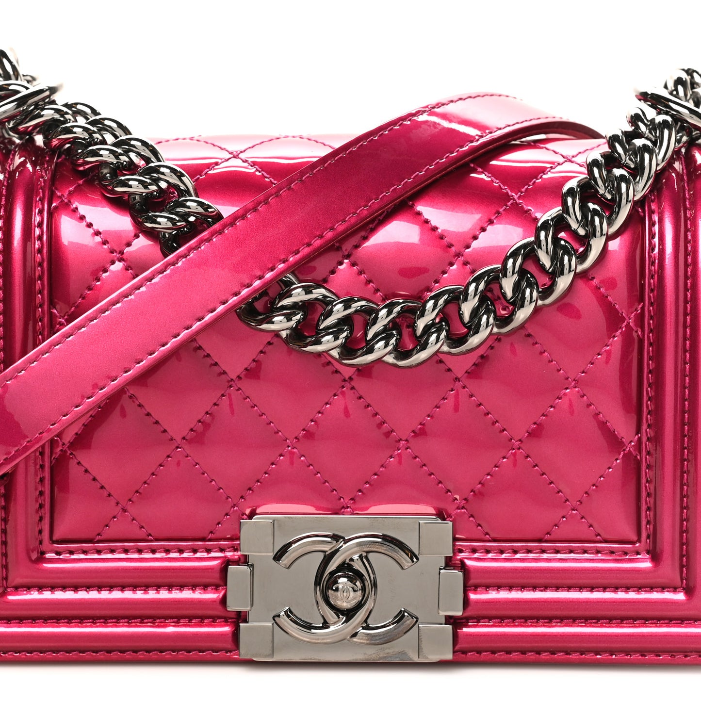 Metallic Patent Calfskin Quilted Small Boy Flap Pink