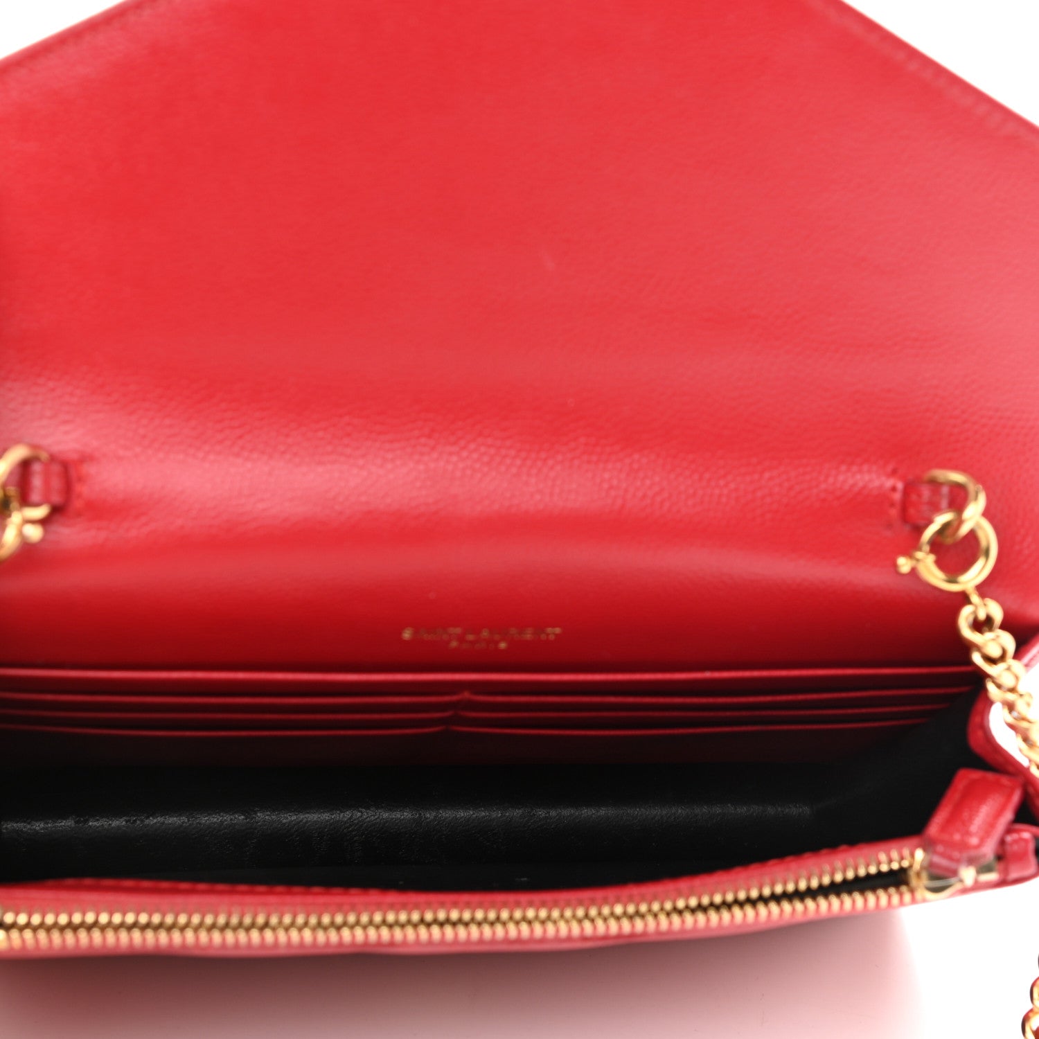Saint Laurent Grain De Poudre Matelasse Chevron Monogram Envelope Chain Wallet New Red 5 of 15