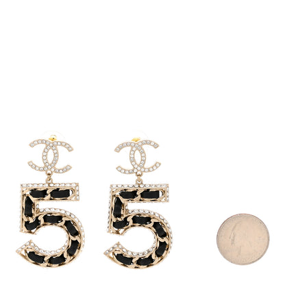 Chanel Crystal Lambskin Chain CC No 5 Drop Earrings Gold Black 2 of 5