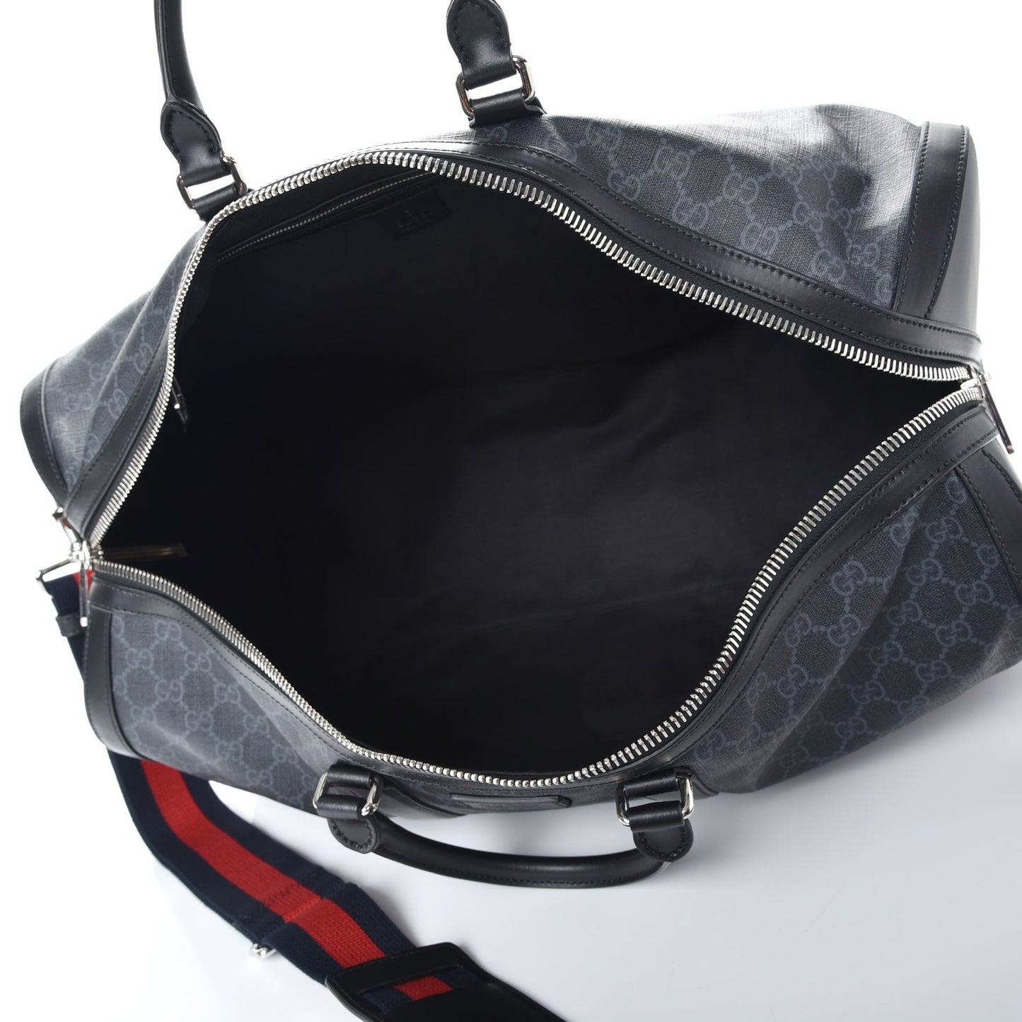 Soft GG Supreme Monogram Appia Calfskin Web Large Carry On Duffle Bag Black Grey