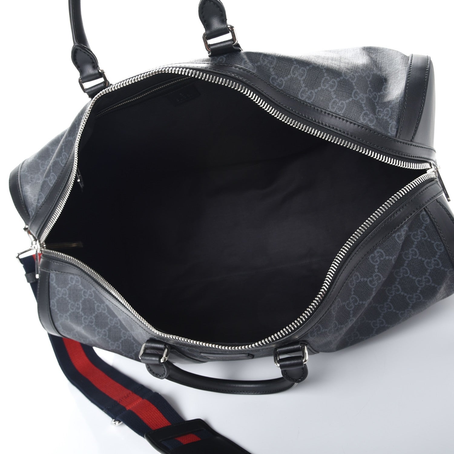 Gucci Soft GG Supreme Monogram Appia Calfskin Web Large Carry On Duffle Bag Black Grey 5 of 11