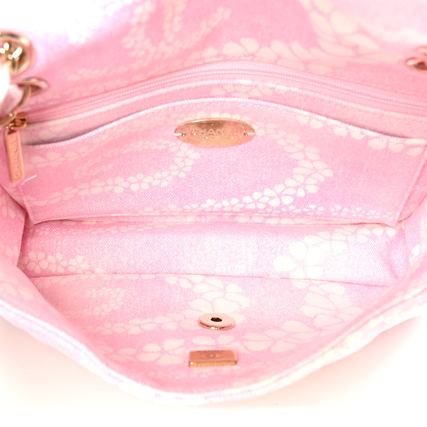 Printed Denim Quilted Flap Bag Pink White