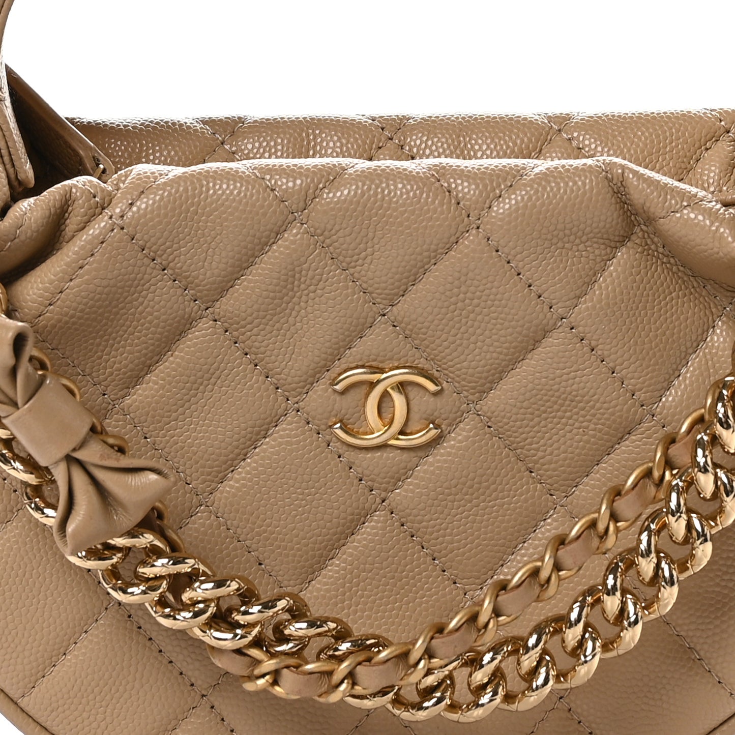 Shiny Caviar Quilted Bow Pouch Hobo Dark Beige
