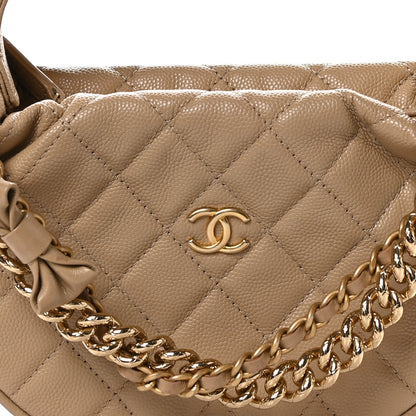 Chanel Shiny Caviar Quilted Bow Pouch Hobo Dark Beige 8 of 12