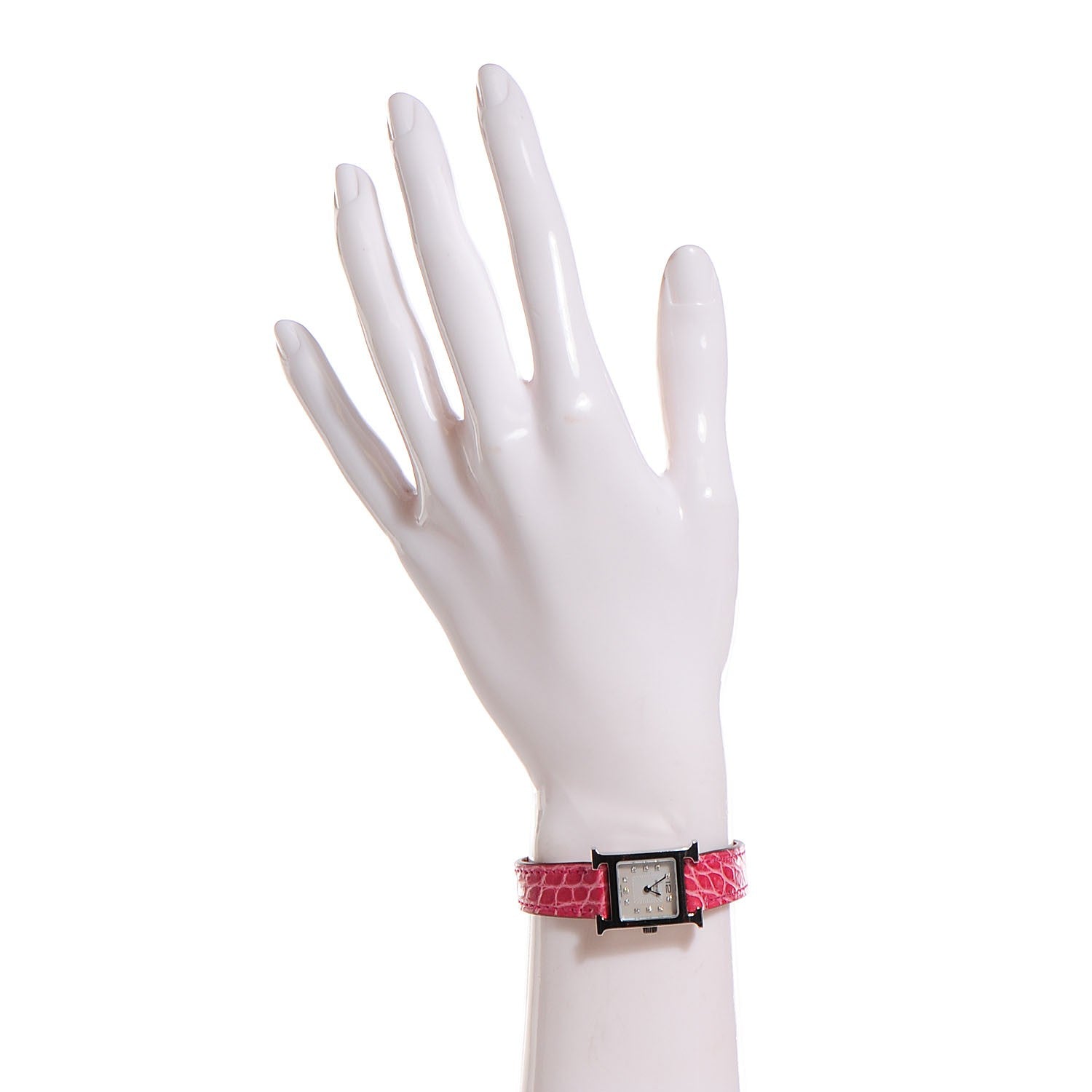 Hermes Stainless Steel Alligator Diamond Mother of Pearl 21mm Heure H Hour Quartz Watch Framboise 10 of 16