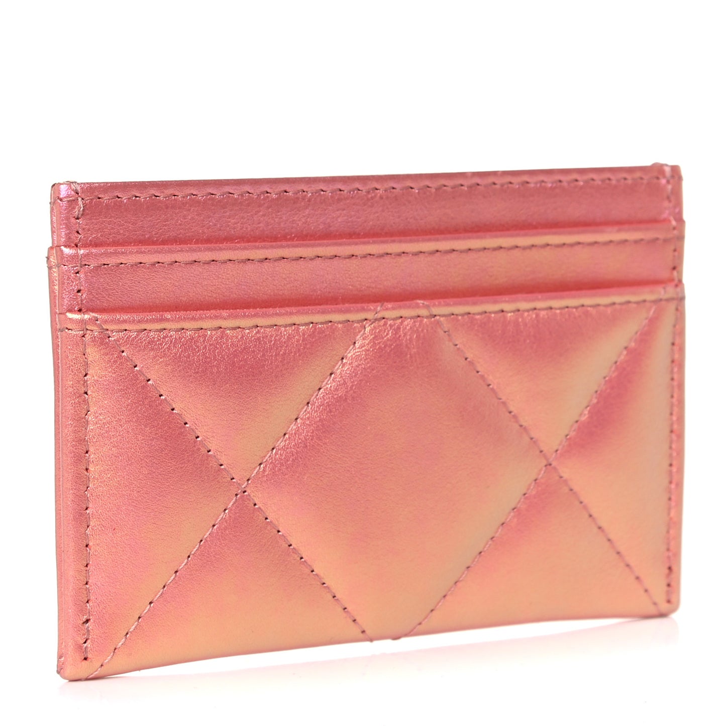 Iridescent Calfskin Quilted Chanel 19 Card Holder Pink
