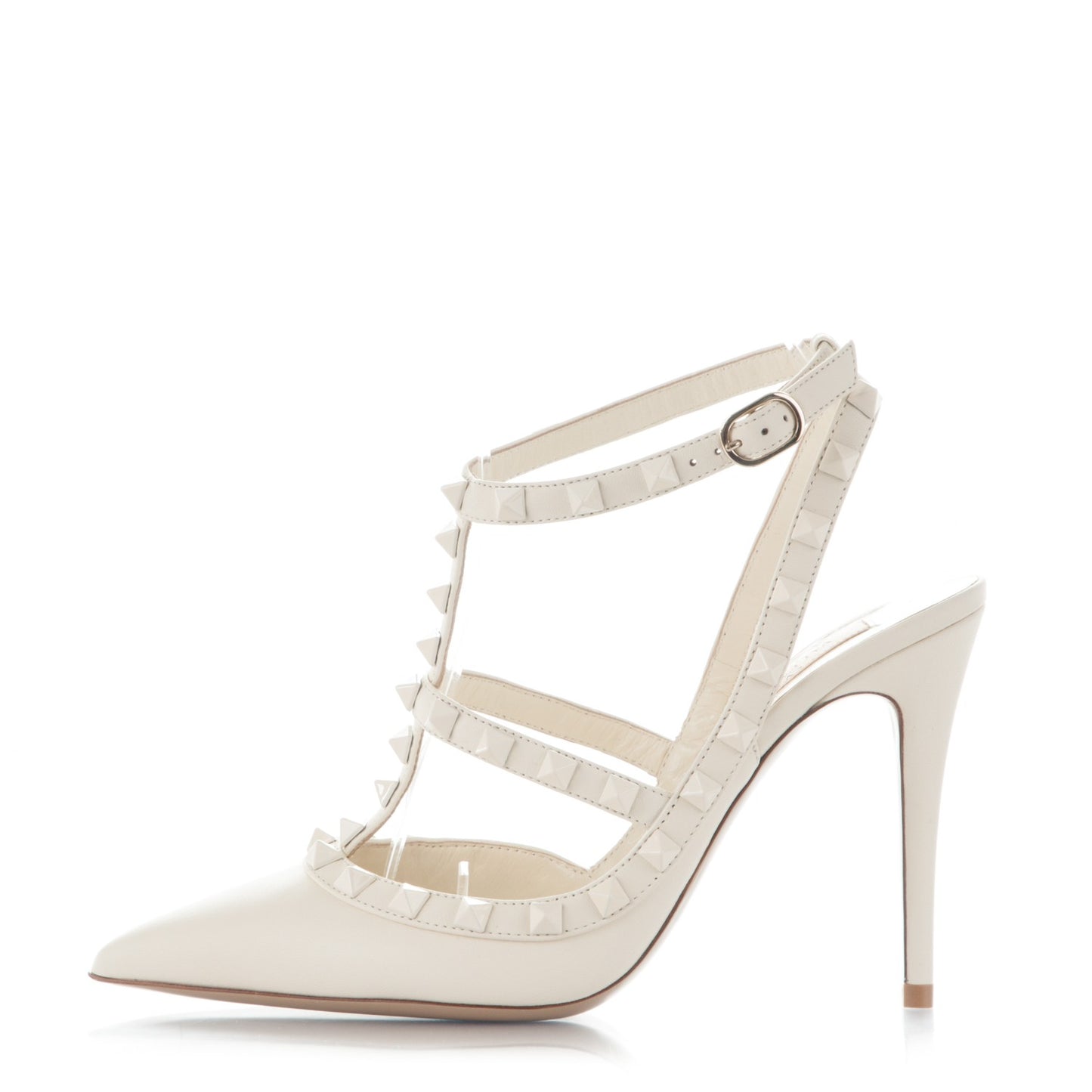 Calfskin Lacquered Monochrome Rockstud Ankle Strap 100mm Pumps 37 Ivory