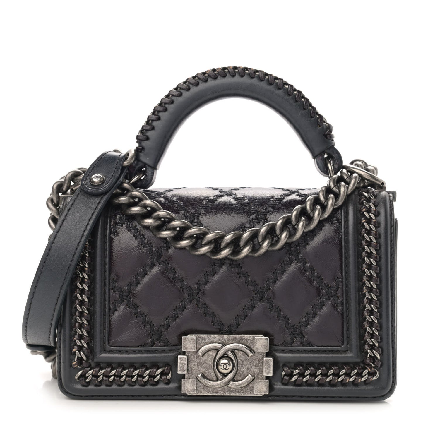 Shiny Goatskin Quilted Small Boy Top Handle Flap Charcoal