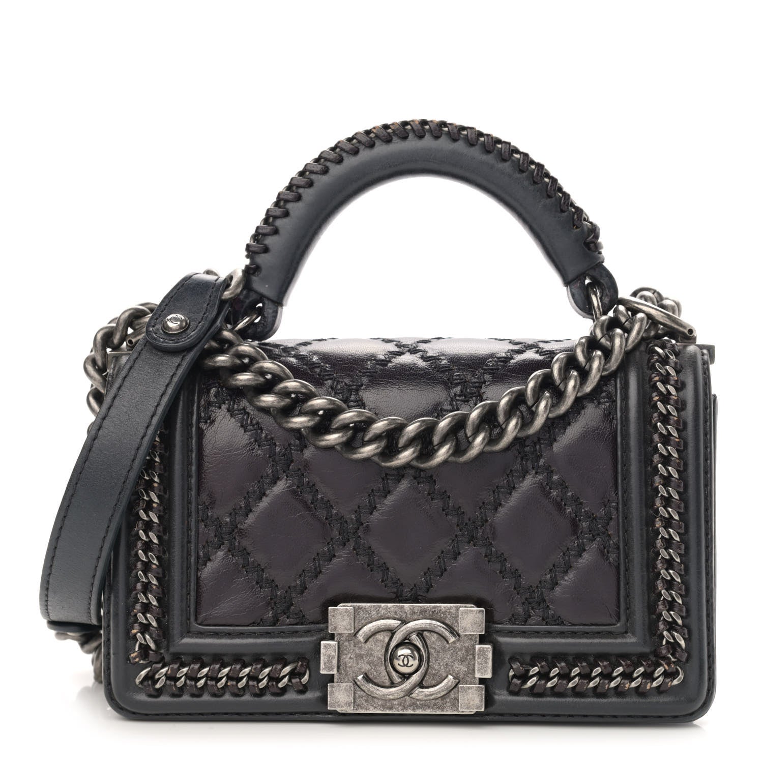 Chanel Shiny Goatskin Quilted Small Boy Top Handle Flap Charcoal 1 of 15