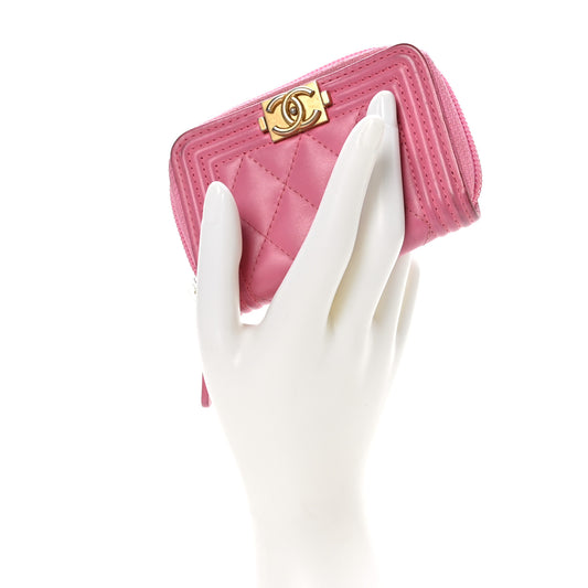 Calfskin Quilted Boy Zip Around Coin Purse Wallet Pink
