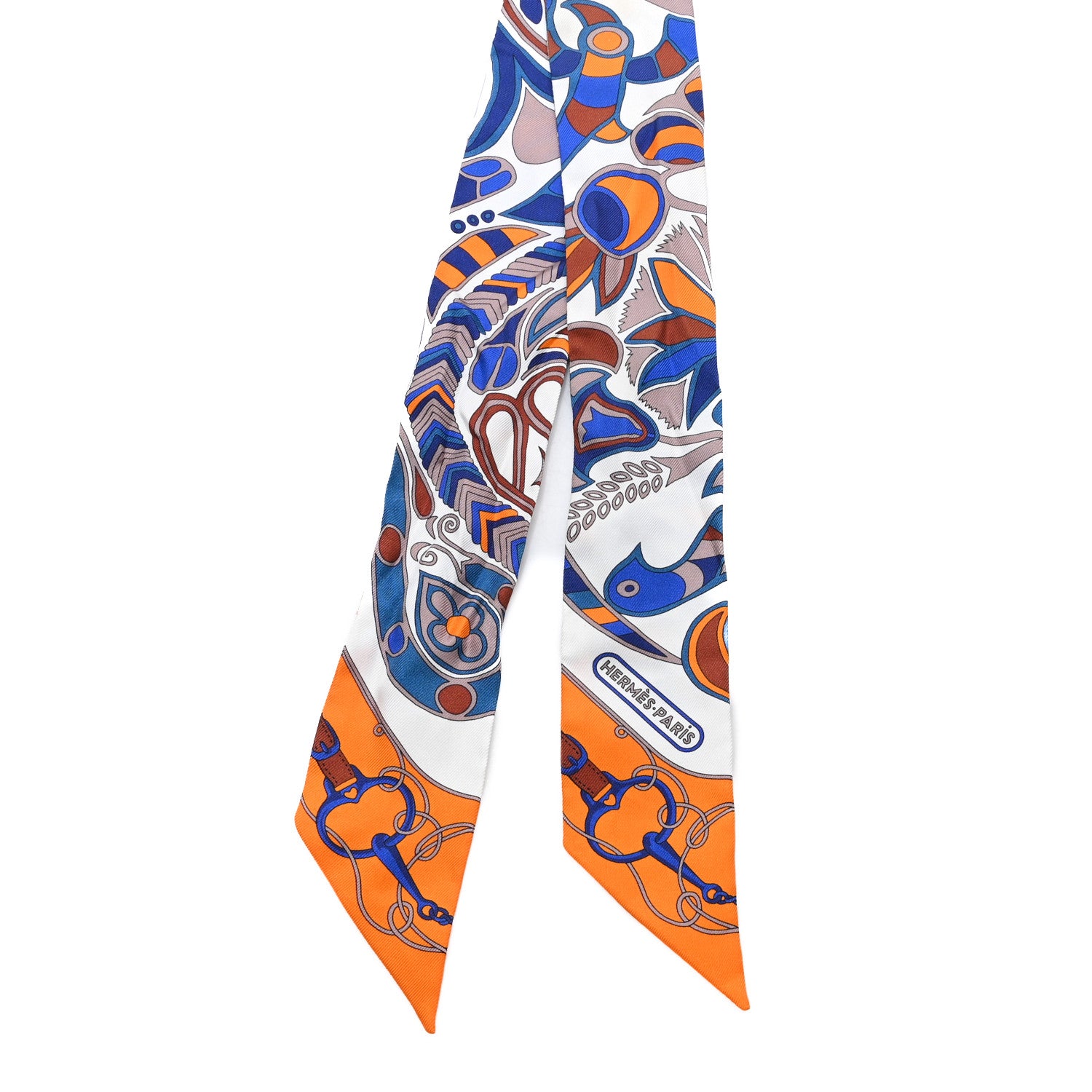 Hermes Silk Printed Twilly Orange Blue White 2 of 3