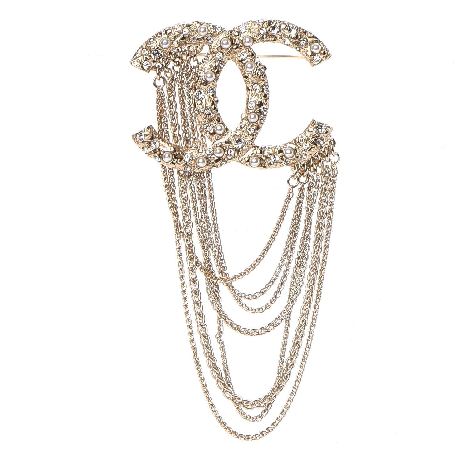 Chanel Crystal Pearl Multi Strand Chain CC Brooch Gold 1 of 5