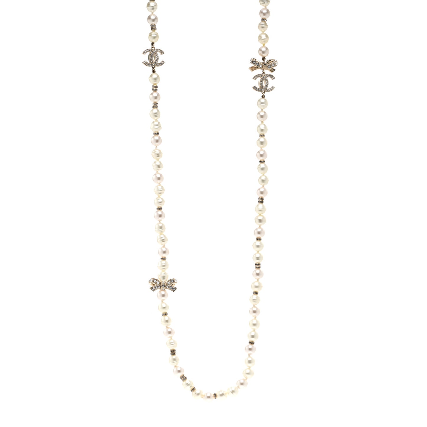 Crystal Pearl CC Bow Long Necklace Light Gold
