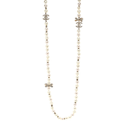 Chanel Crystal Pearl CC Bow Long Necklace Light Gold 1 of 5