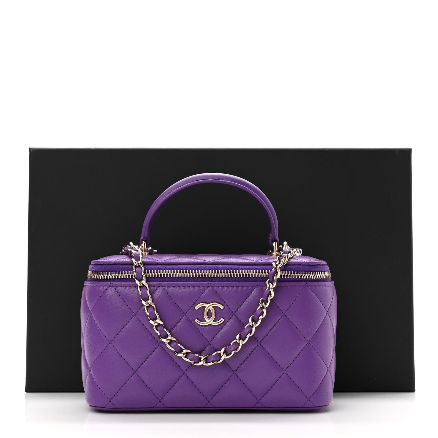 Lambskin Quilted Small Top Handle Vanity Case With Chain Purple