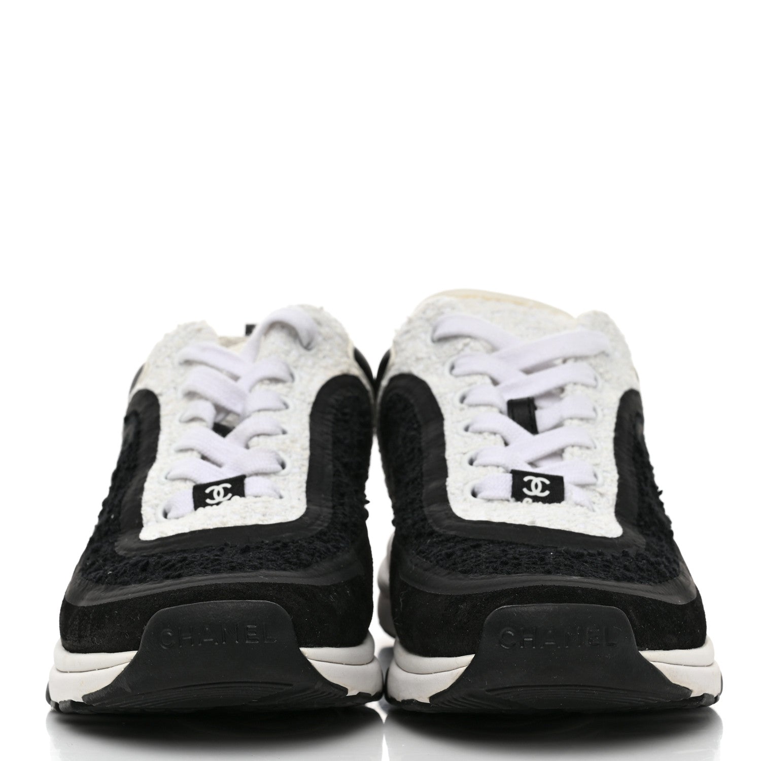 Chanel Tweed Suede Calfskin CC Sneakers 37 Black White 2 of 9