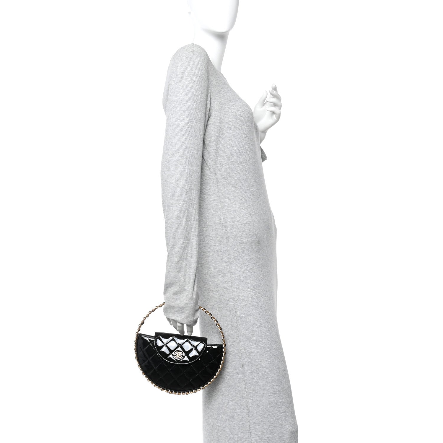 Chanel Patent Calfskin Quilted Chain Hoop Bag Black 2 of 10