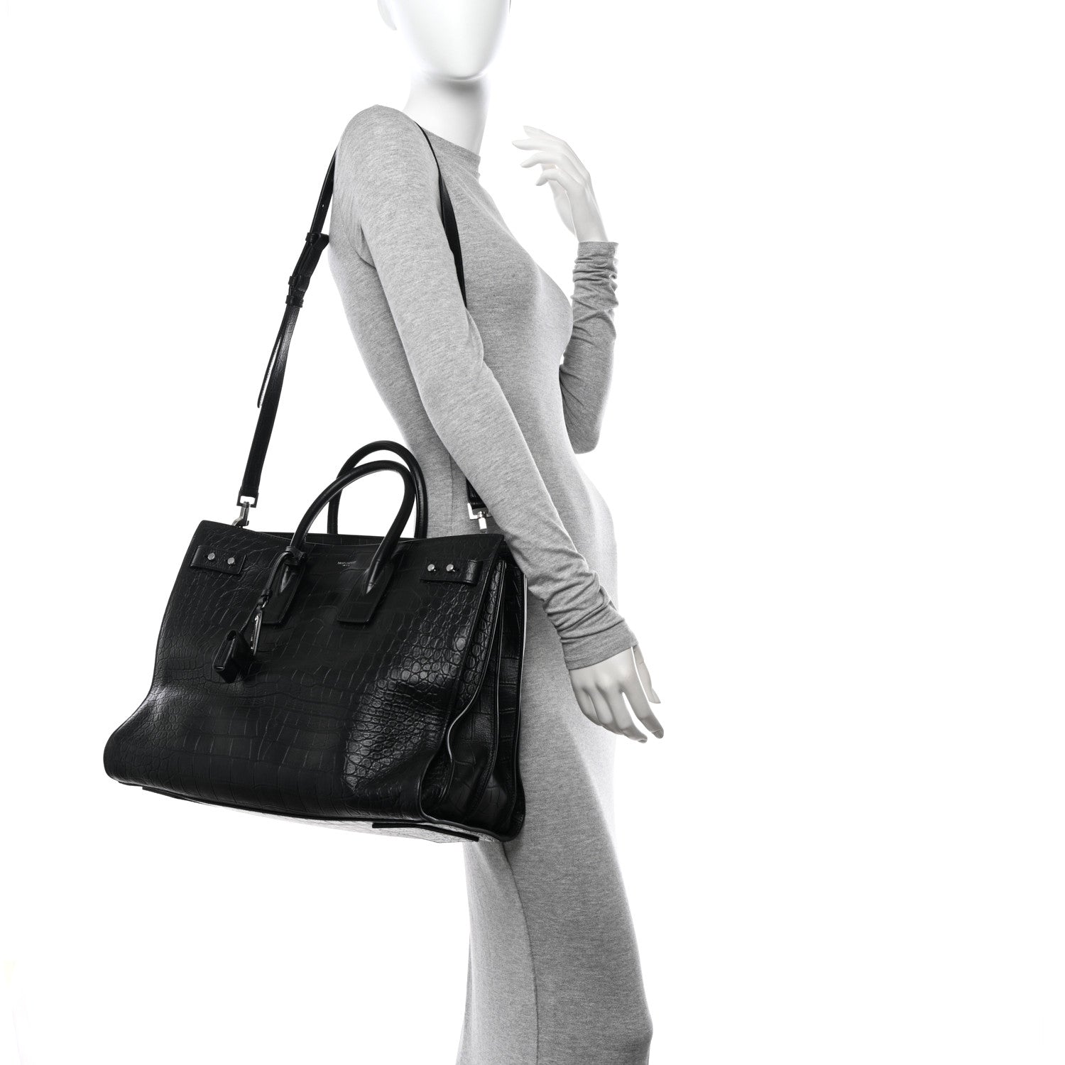 Saint Laurent SAINT LAURENT Calfskin Crocodile Embossed Large Souple Sac De Jour Black 2 of 10