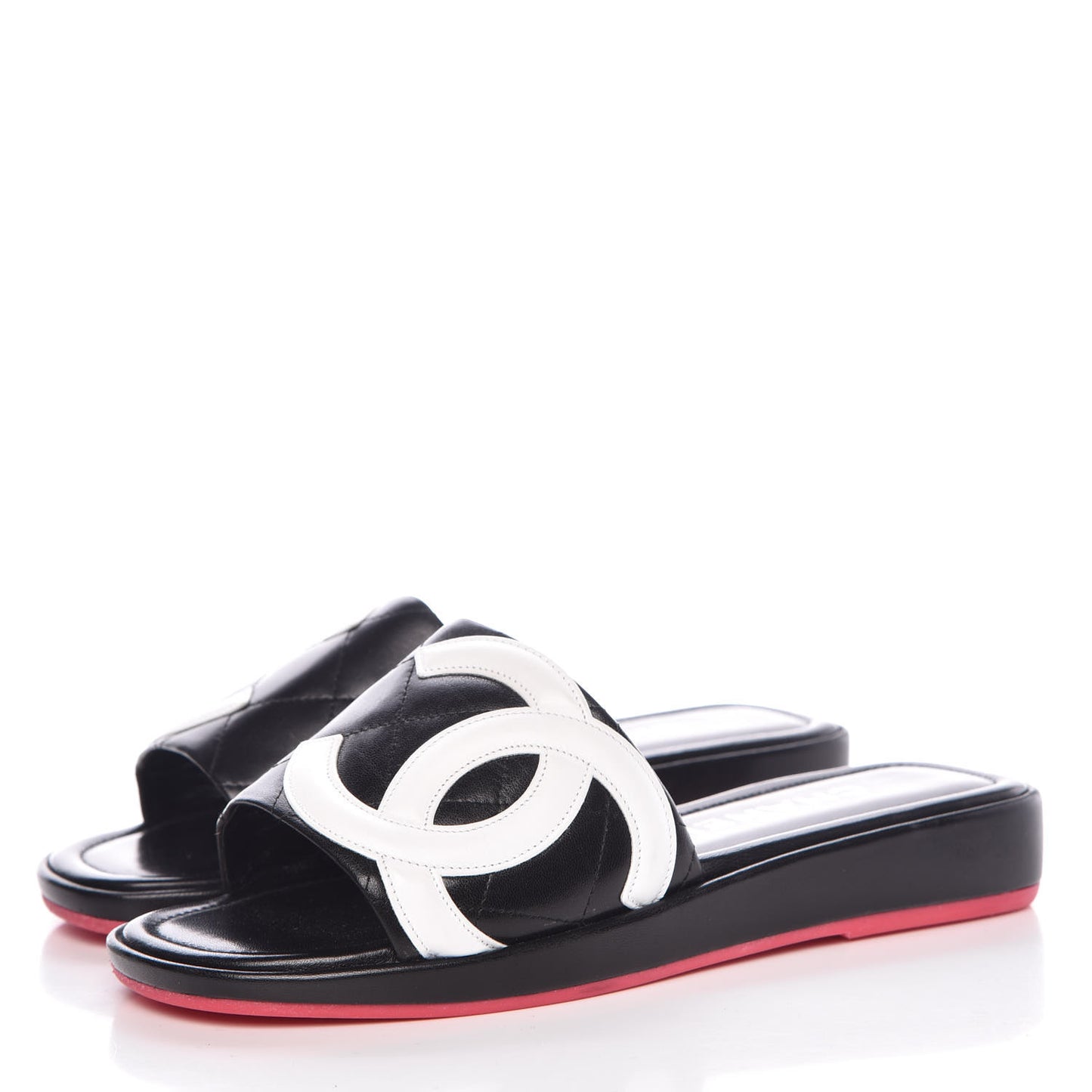 Calfskin Cambon CC Flat Slide Sandals 36.5 Black