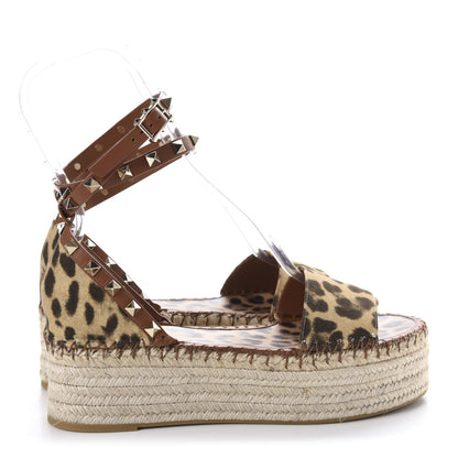 Valentino Garavani Canvas Leopard Print Rockstud Ankle Wrap Espadrille Flatform Sandals 39 Brown 4 of 10