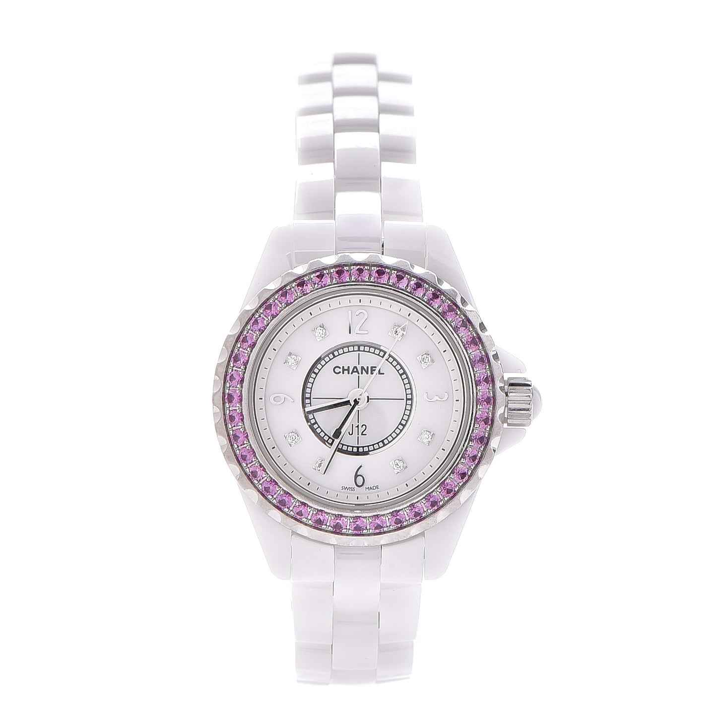 Stainless Steel Ceramic Diamond Pink Sapphire 29mm J12 Quartz Watch White