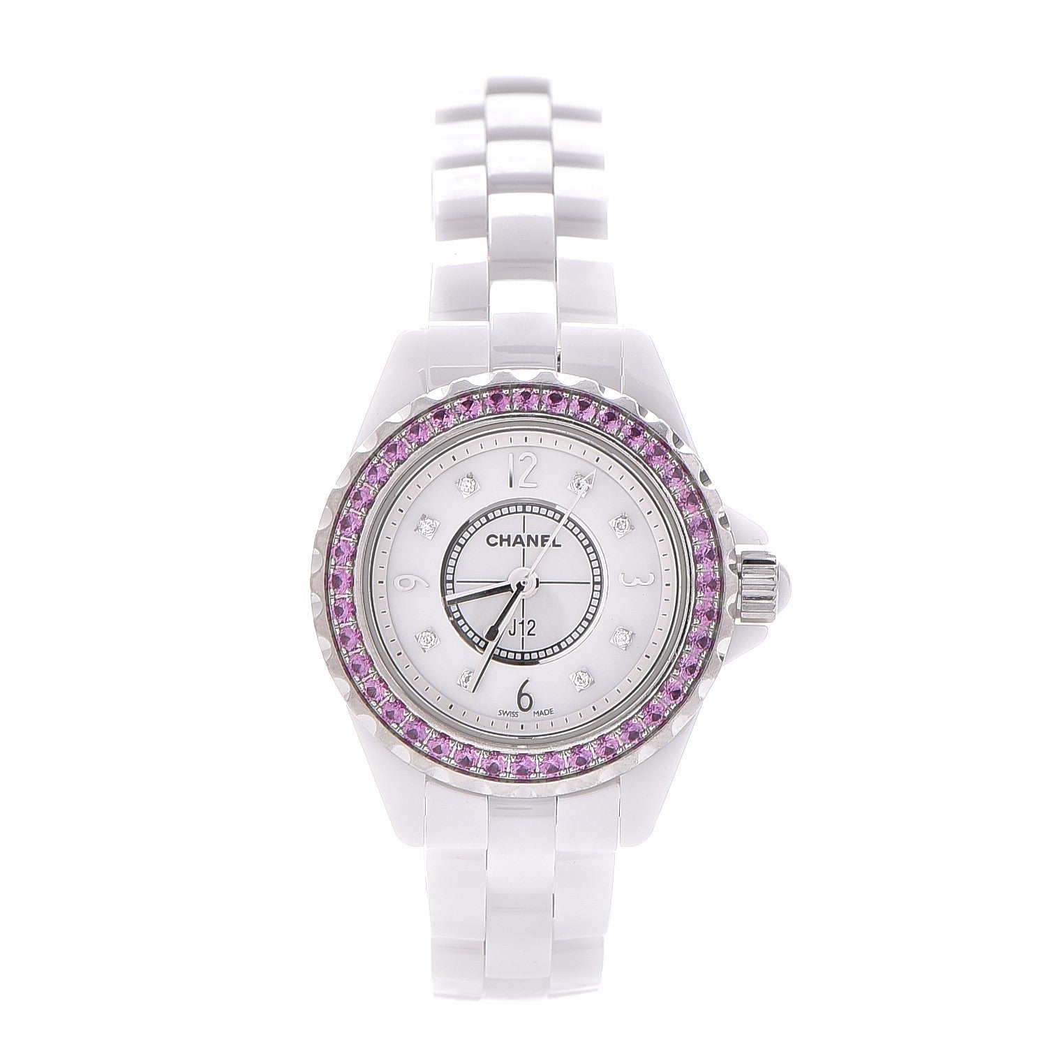 Chanel Stainless Steel Ceramic Diamond Pink Sapphire 29mm J12 Quartz Watch White 1 of 8