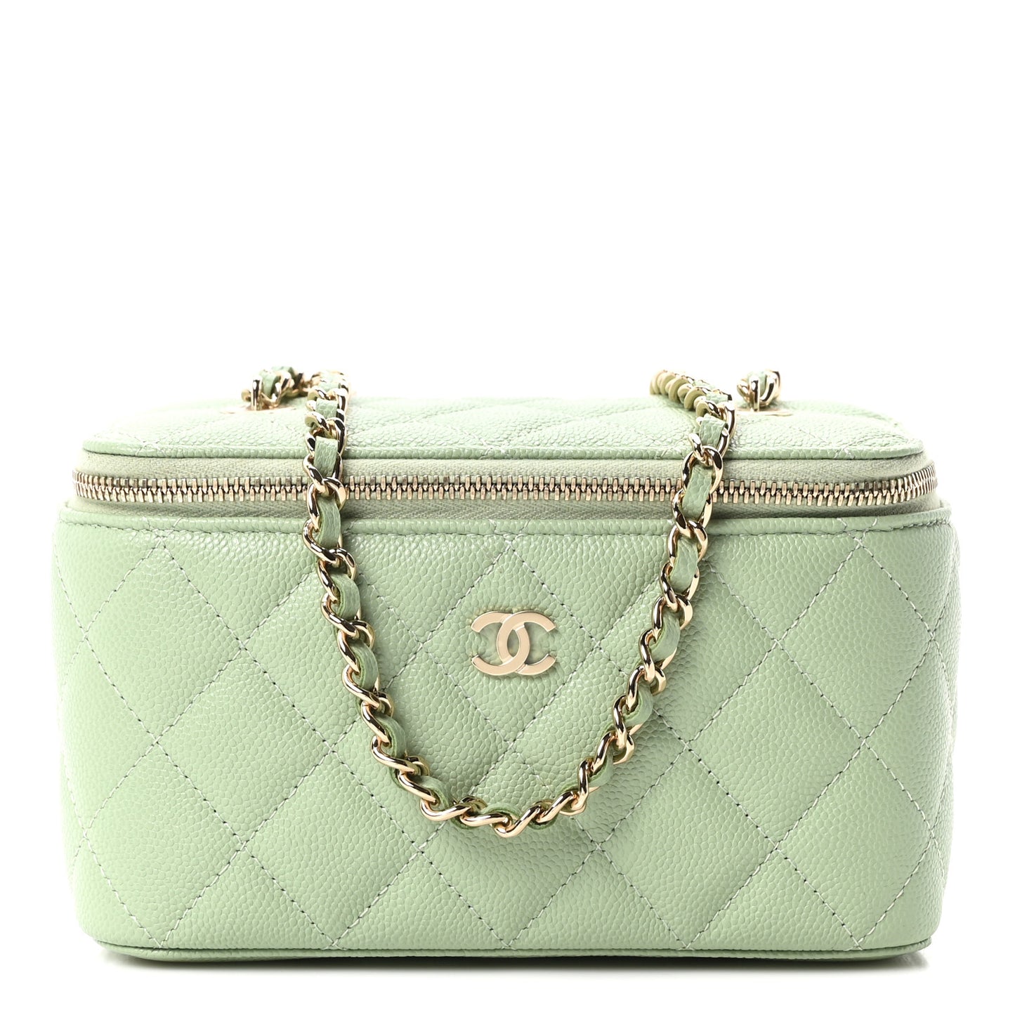 Caviar Quilted Small Vanity Case With Chain Light Green