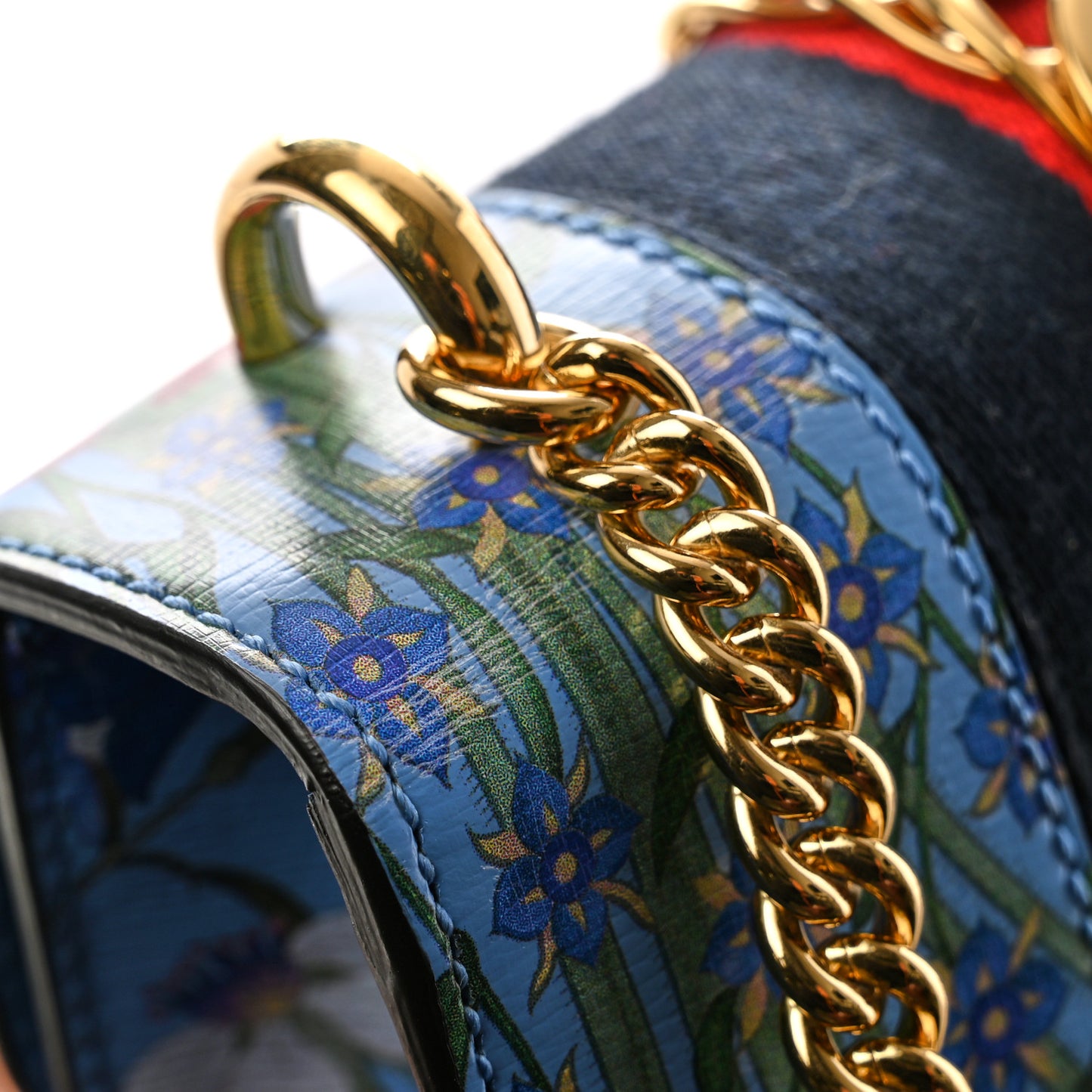 Shangai Calfskin Web New Flora Mini Sylvie Chain Shoulder Bag Azure