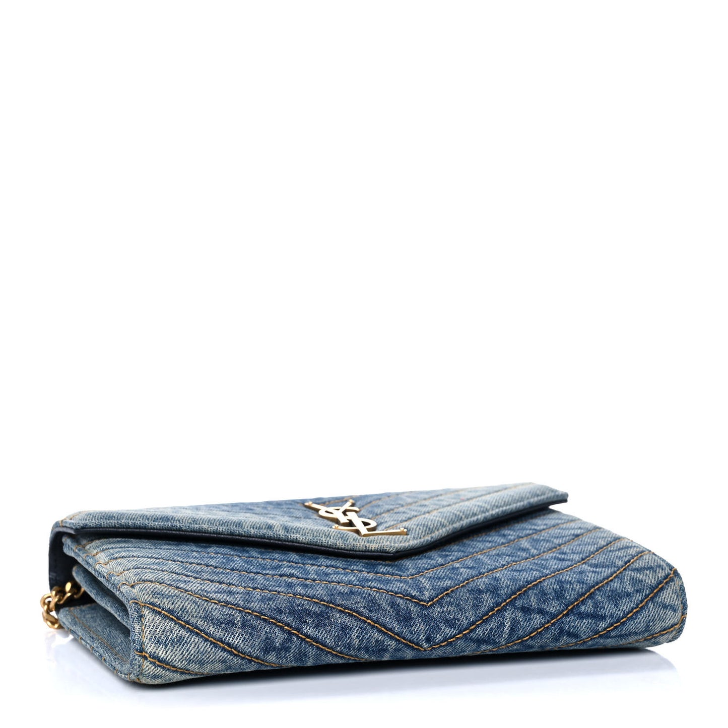 Denim Matelasse Chevron Monogram Chain Wallet Blue Jeans