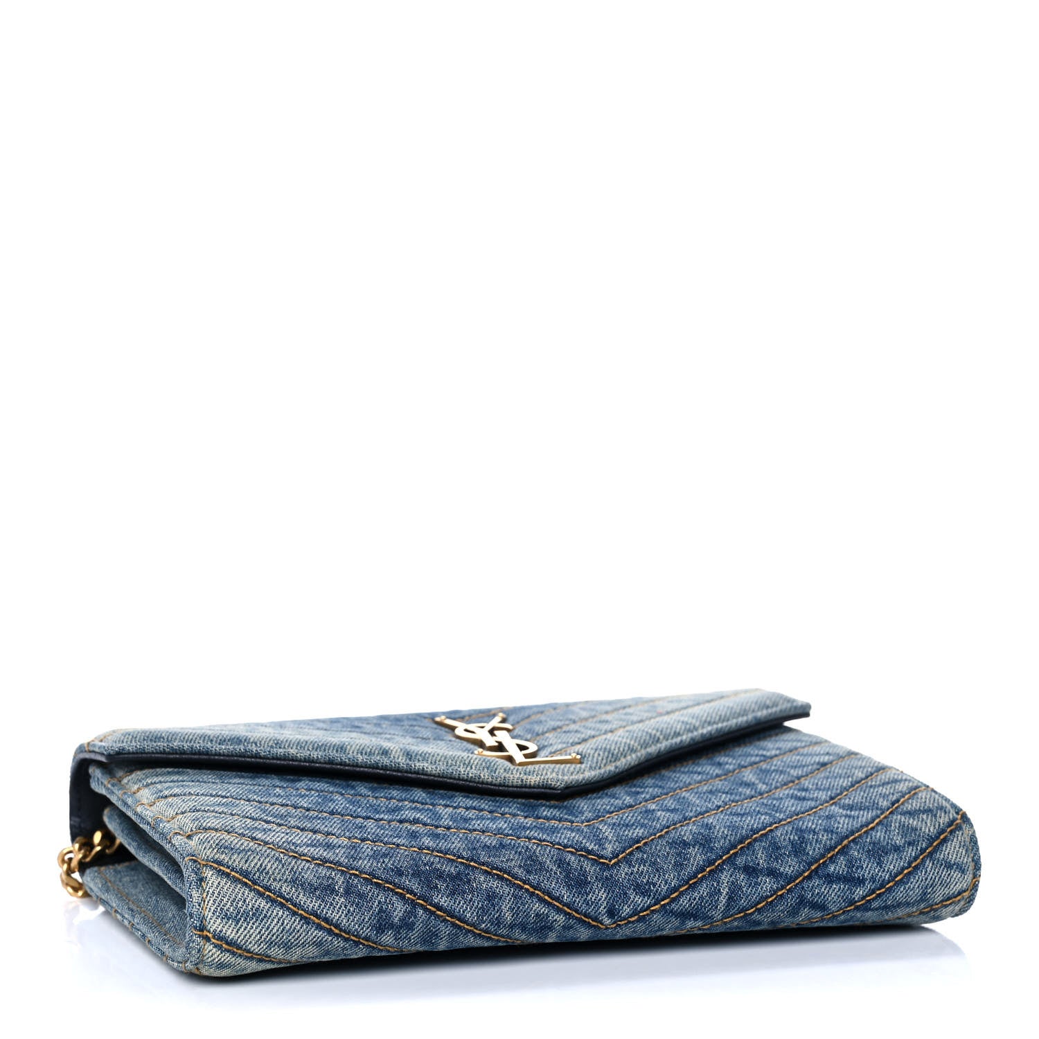 Saint Laurent Denim Matelasse Chevron Monogram Chain Wallet Blue Jeans 5 of 11