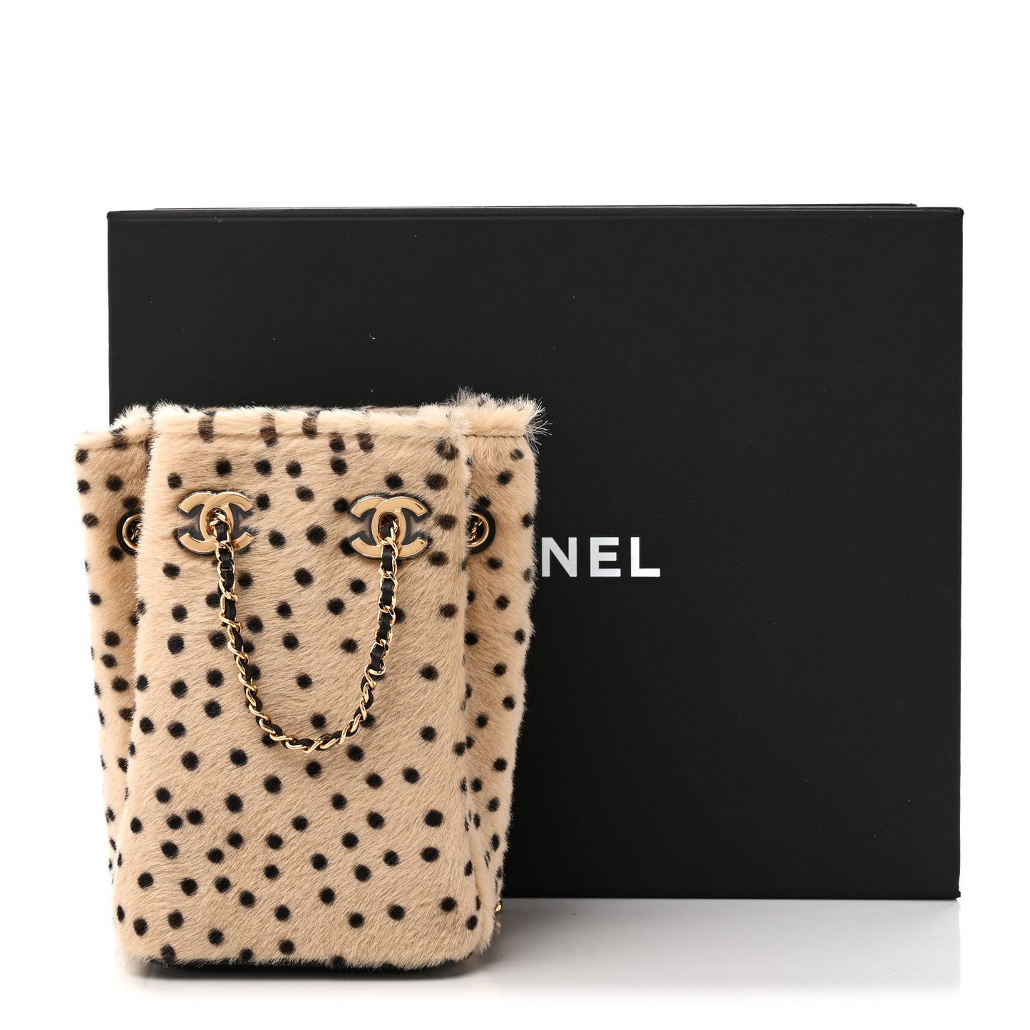 Pony Hair Cheetah Printed CC Chain Bucket Bag Light Beige Black