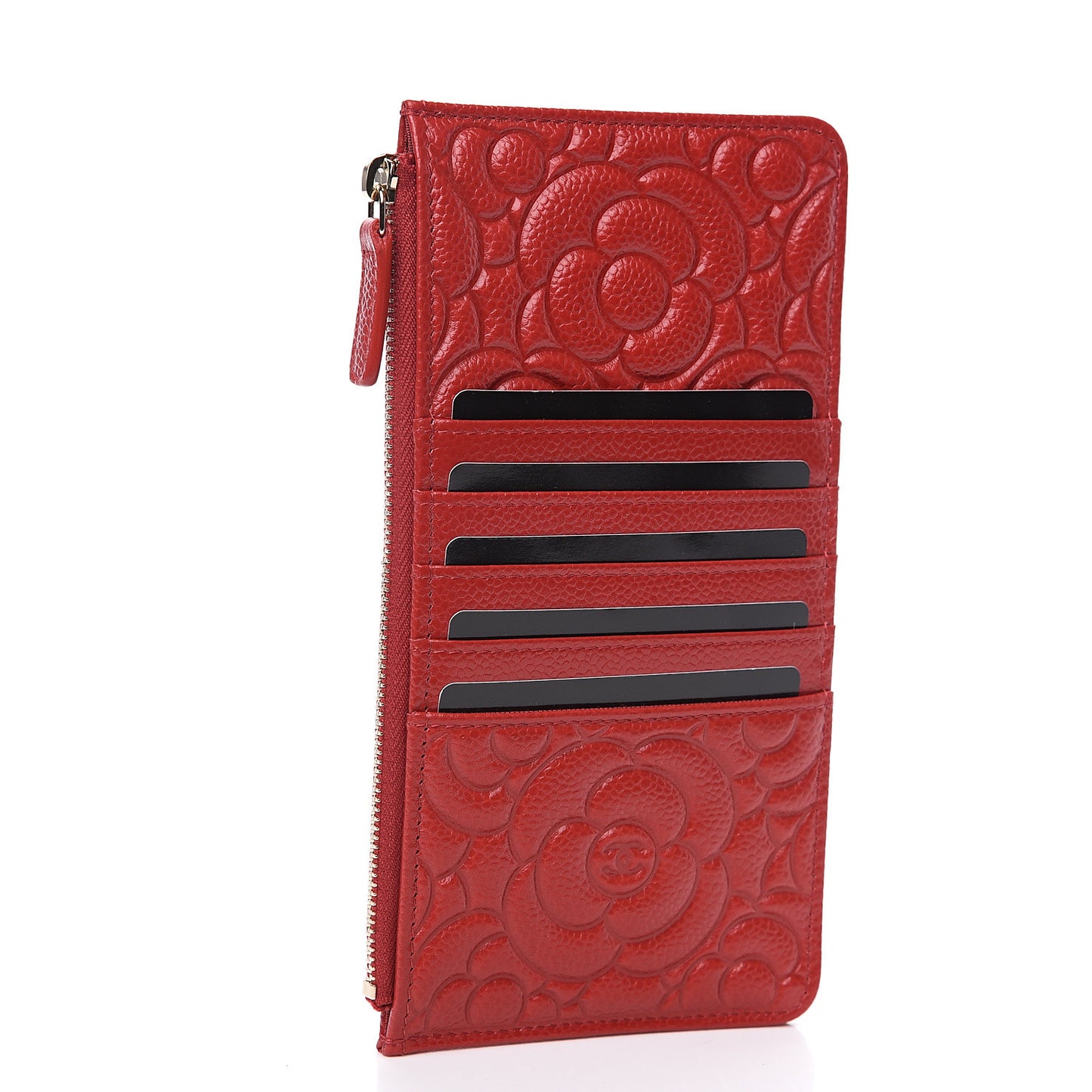 Caviar Camellia Embossed Classic Flat Wallet Pouch Red