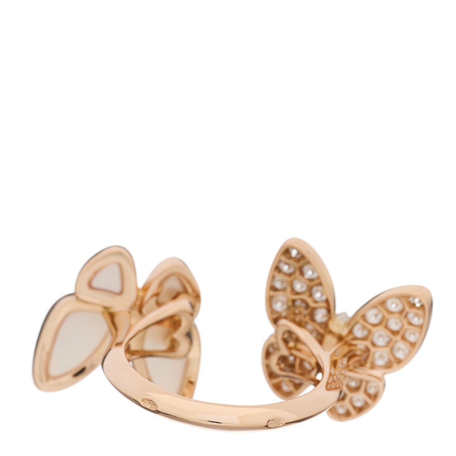 Van Cleef & Arpels 18K Rose Gold Diamond Mother of Pearl Two Butterfly Between The Finger Ring 53 6.5 3 of 6