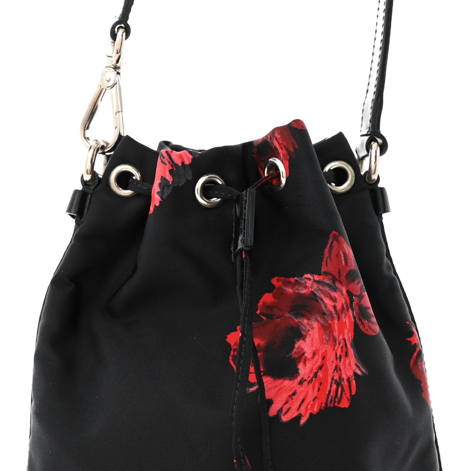 Prada Tessuto Nylon Spazzolato Rose Print Bucket Bag Black Rosso 8 of 13