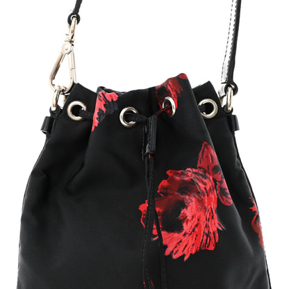 Prada Tessuto Nylon Spazzolato Rose Print Bucket Bag Black Rosso 8 of 13
