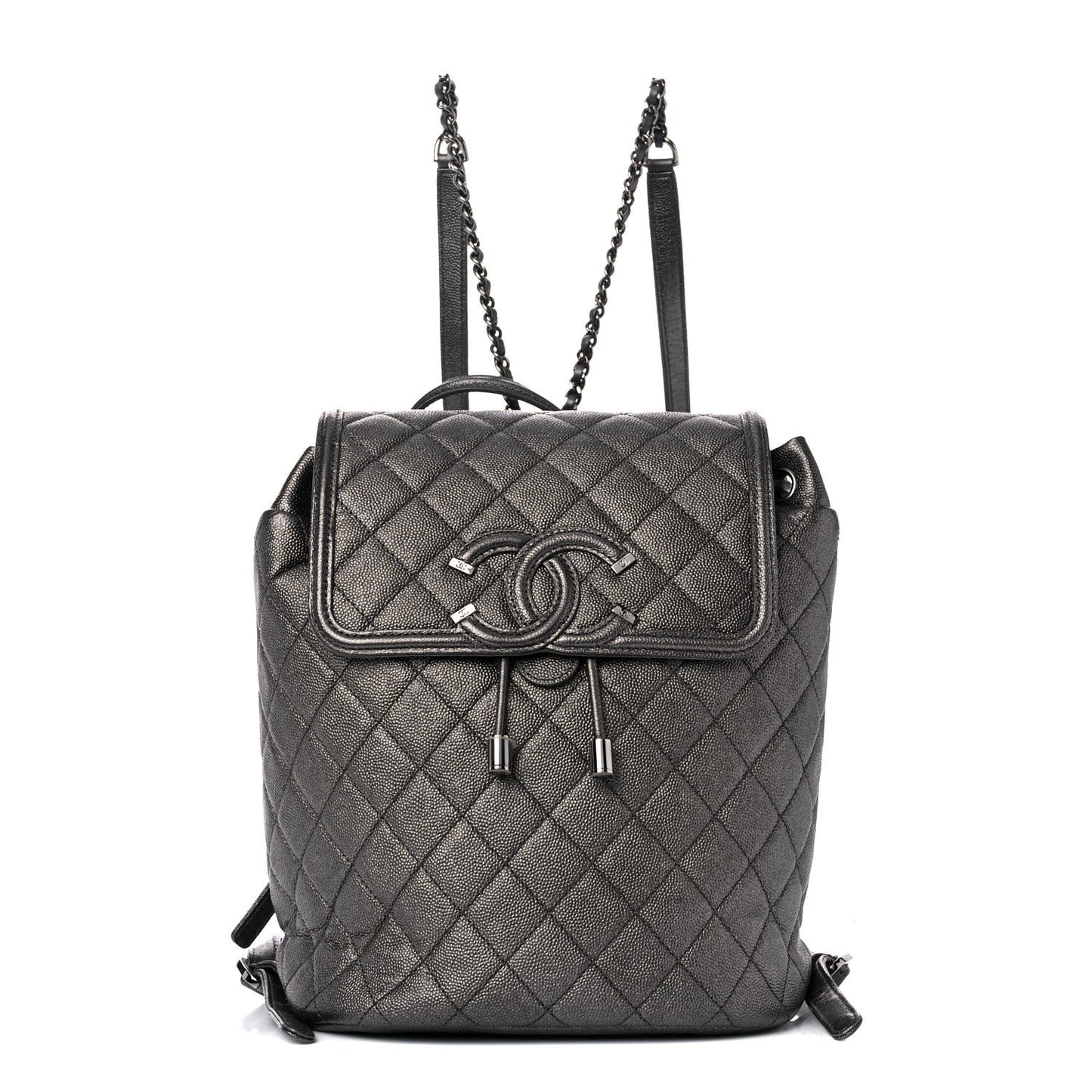 Metallic Caviar Quilted Filigree Backpack Dark Silver