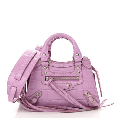Balenciaga Calfskin Crocodile Embossed Neo Classic Silver Hardware Nano City Crossbody Lilac 1 of 9