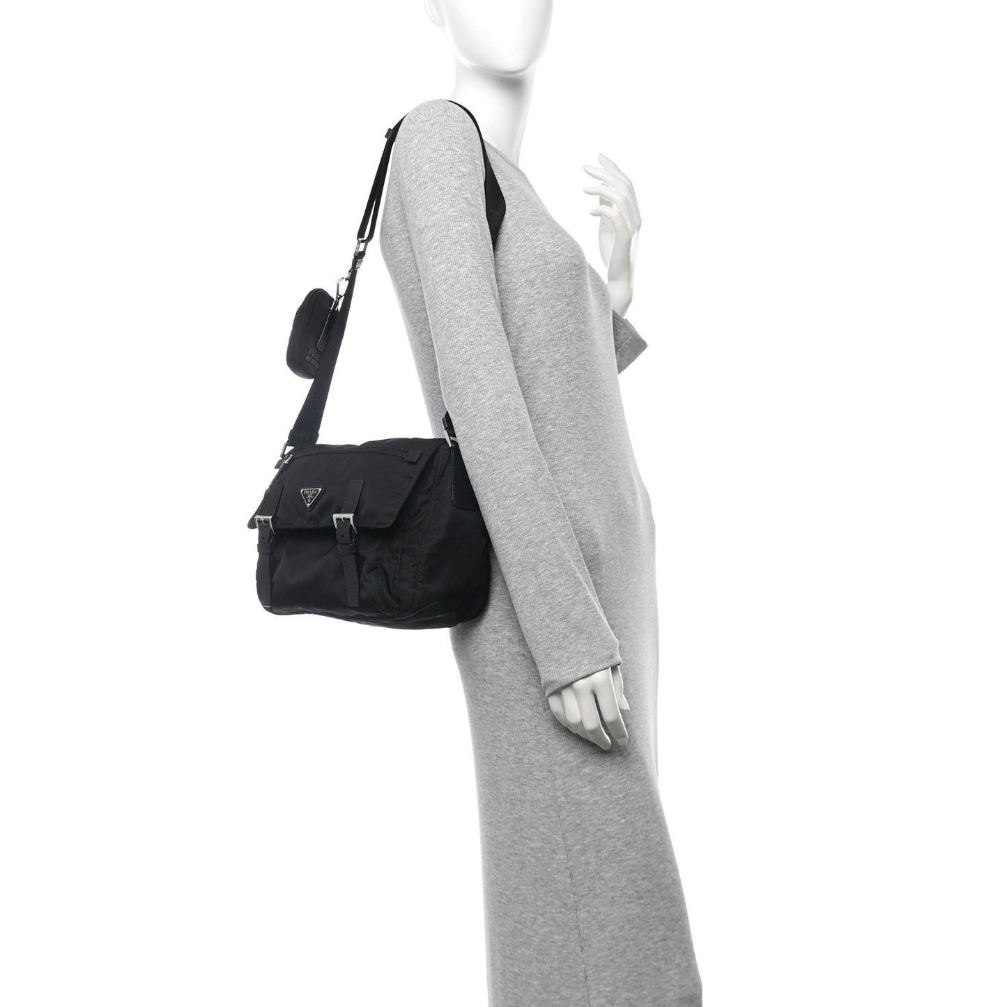 Re-Nylon Vela Saffiano Pocket Double Buckle Messenger Shoulder Bag Black