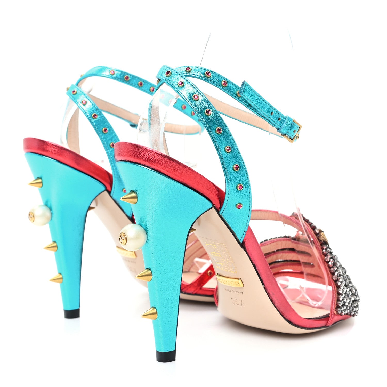 Gucci Metallic Nappa Crystal Embellished Wangy Sandals 36.5 Red Blue 4 of 8